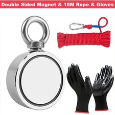 500lbs Double Sided Fishing Magnet Kit Pull Force Strong Neodymium Rope Gloves