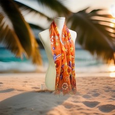 Vintage Floral Orange Pink Purple Green Tropical Silk/Linen Scarf 61"x14" Summer