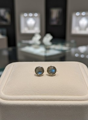 Natürlicher Labradorit Rund Cab Edelstein 925 Sterling Silber Handarbeit Ohrstecker