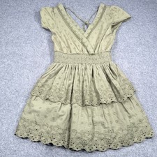 American Eagle Olive Green Eyelet Tiered Mini Dress Smocked Waist XS Boho Dobby