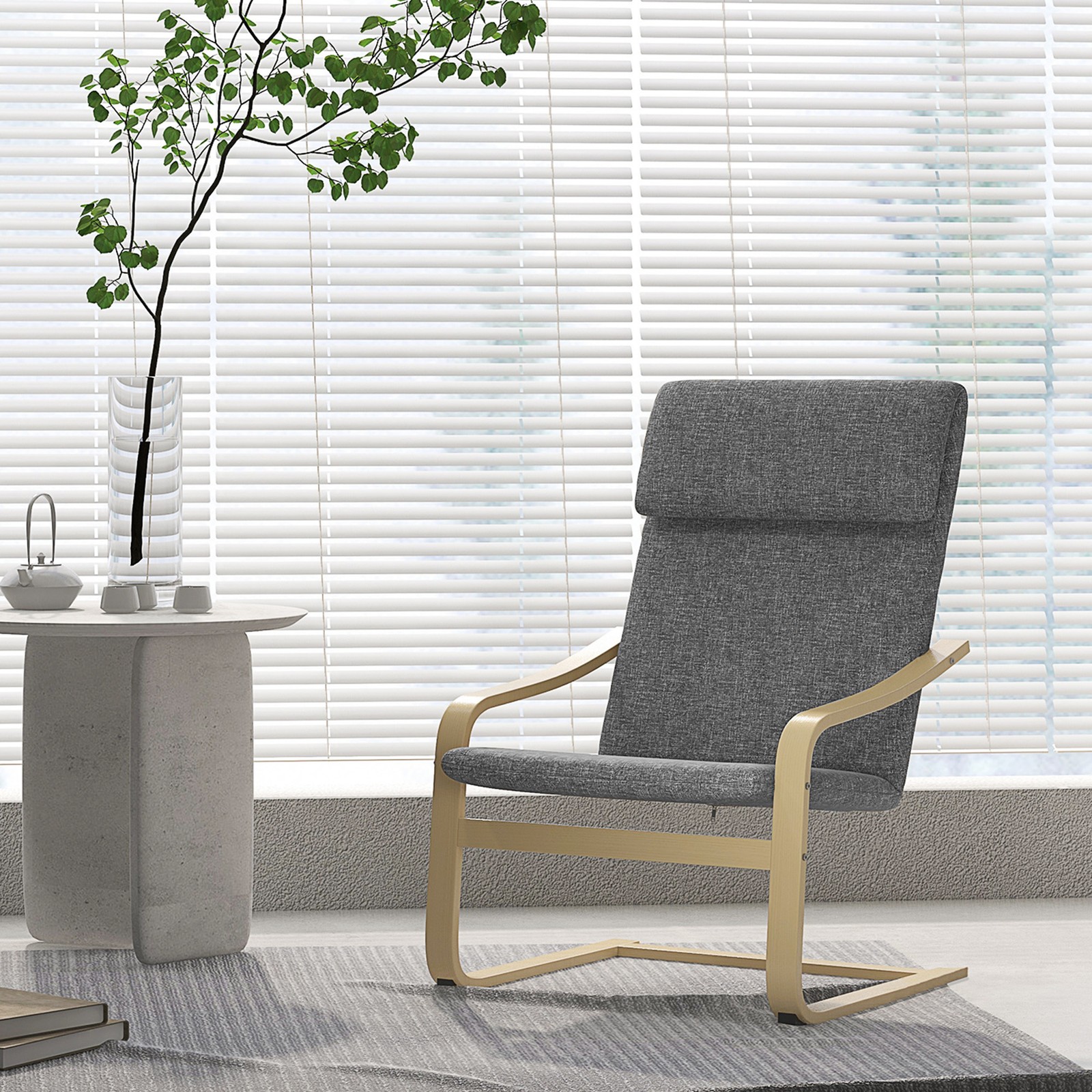 Linen-Look Accent Chair with Wood Curved Legs, Dark Grey