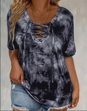 Plus Size Ladies Tie Dye Top T-Shirt Loose Blouse Lace Up V neck Casual Tee Tops