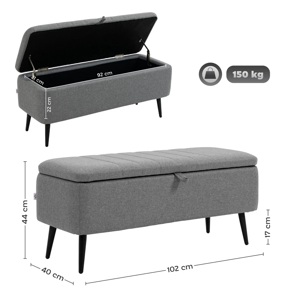HOMCOM Storage Ottoman Bench, Linen Fabric Footstool with Steel Legs Grey - Image 3 of 4