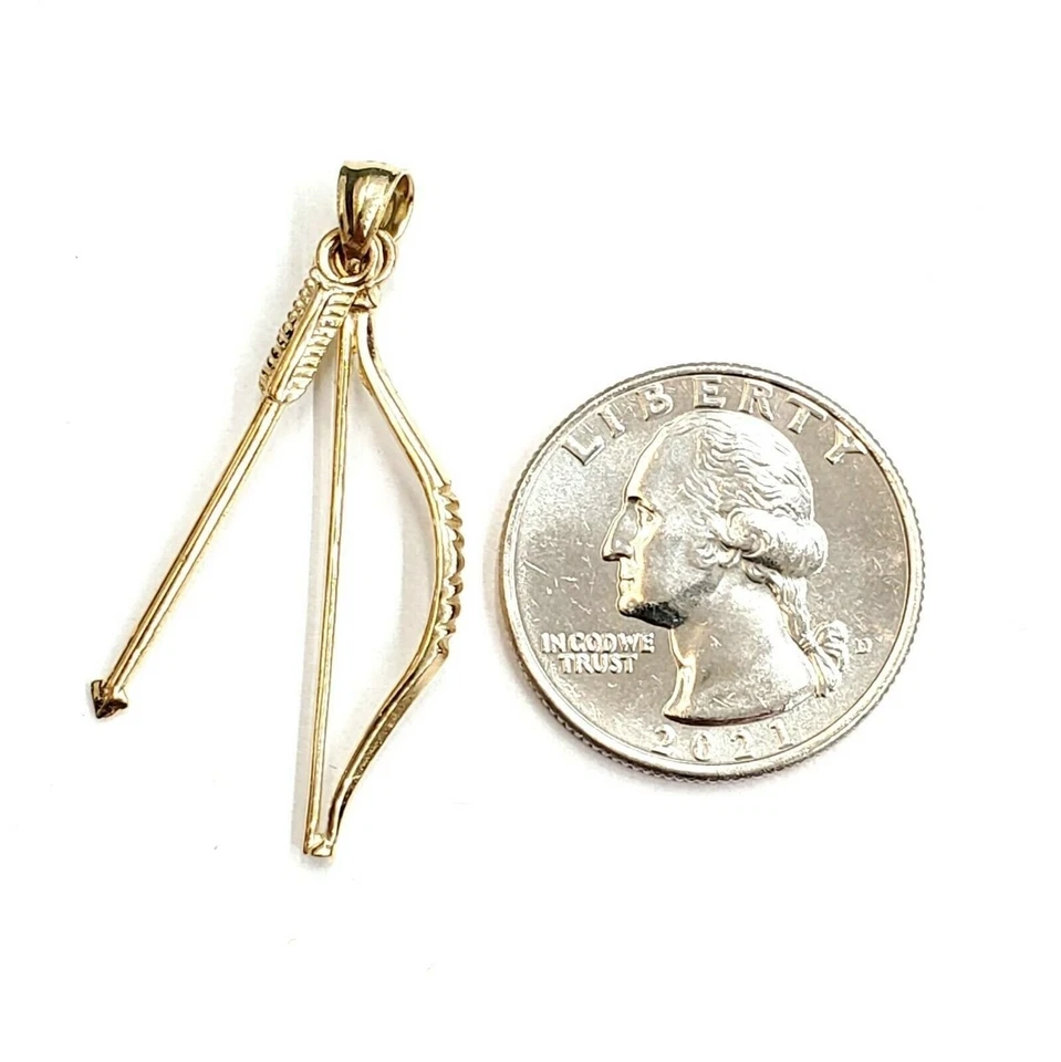 Dije colgante de caza con arco y flecha 3D de oro amarillo de 14k móvil joyería fina 2,2 g Foto 2 de 4