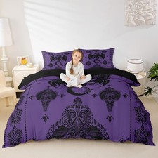 Purple Black Dragon Duvet Cover Set Queen Size,Vintage Boho Floral Print Bedd...