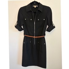 Michael Kors Black Zip Front Utility Safari Shirt Dress Roll Tab Sleeve Womens S