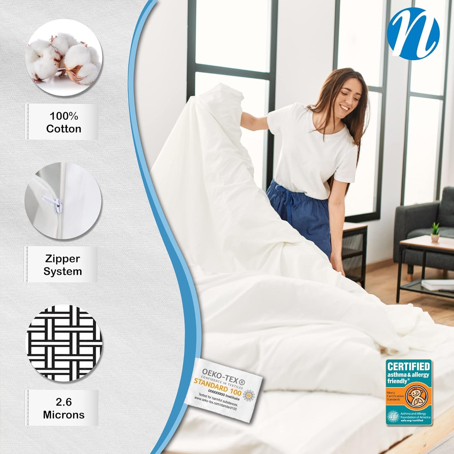  100% Cotton Duvet Cover Protector - Full Size - 86“ x 86”  White - Zipper Cover