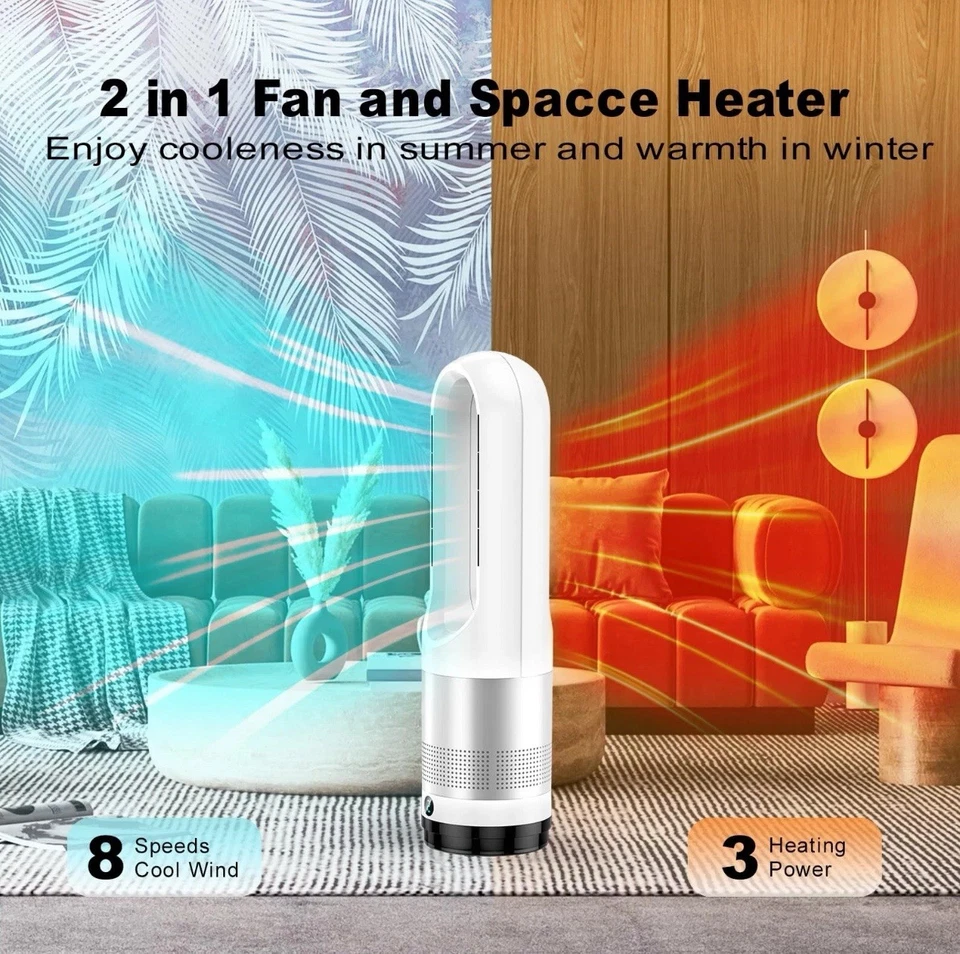 2-in-1 Bladeless Tower Fan & Space Heater, Remote Control, 8 Speeds & 3 Heat - Image 2 of 4