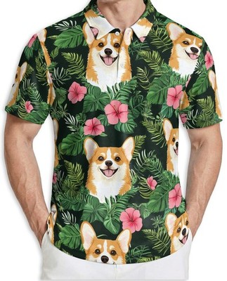Men's Polo Shirt Corgi Floral Tropical Golf Shirt Gift for Dog Lovers
