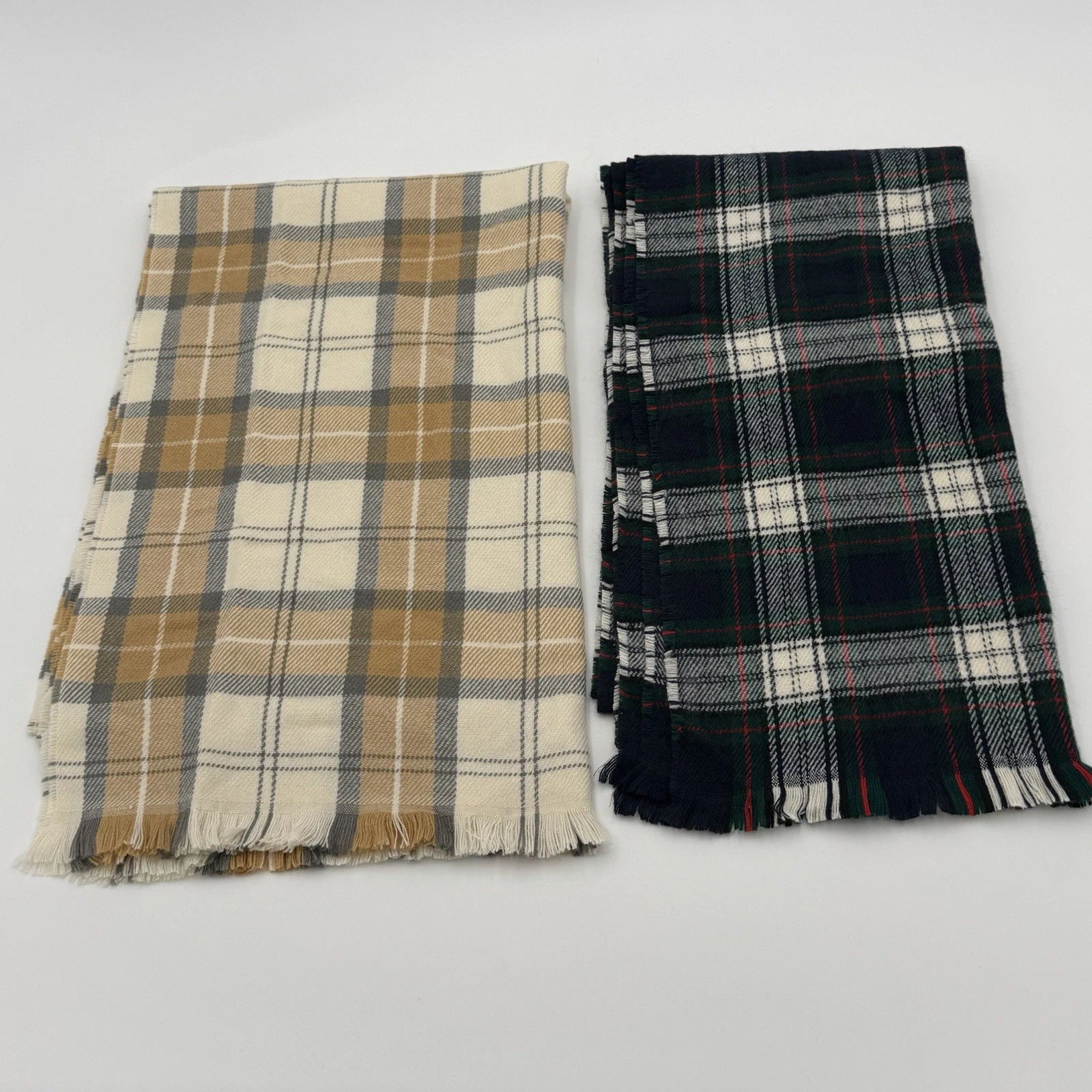 Set of 2 GAP Cozy Plaid Scarves Acrylic Fringe Winter Scarf – Green & Beige