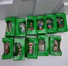 Enesco Bisque Porcelain  Christmas Thimbles Santa Dog Set Of 11 Vintage 