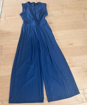 Halara Damen Overall L blau Jersey ärmellos V-Ausschnitt weites Bein Bund