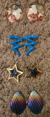 Vintage Costume Jewelry-4 Pair Post Earrings-Star, Cloisonne, ZigZag, Multicolor