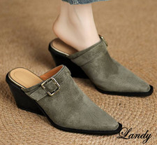 Women's Suede Leather Pointed Toe Mules Mid Block Heel Sandals Buckle Shoes New