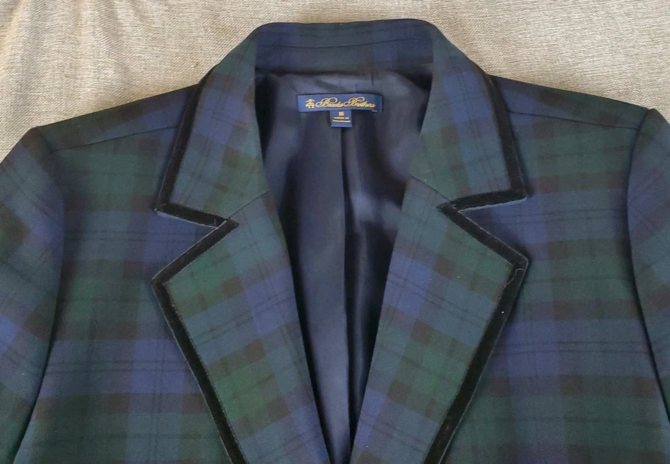 Brooks Brothers Blazer Womens Size 16 Plaid Gold Buttons Velvet Trim - Image 4 of 4