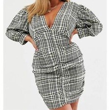 ASOS Curve Ruched Mini Dress 16 Black Yellow Plaid Puff Sleeve Seersucker NWT