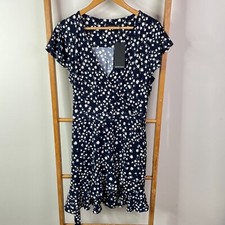 Portmans Mini Dress Womens Medium Navy Blue White Floral V-neck Faux Wrap NWT