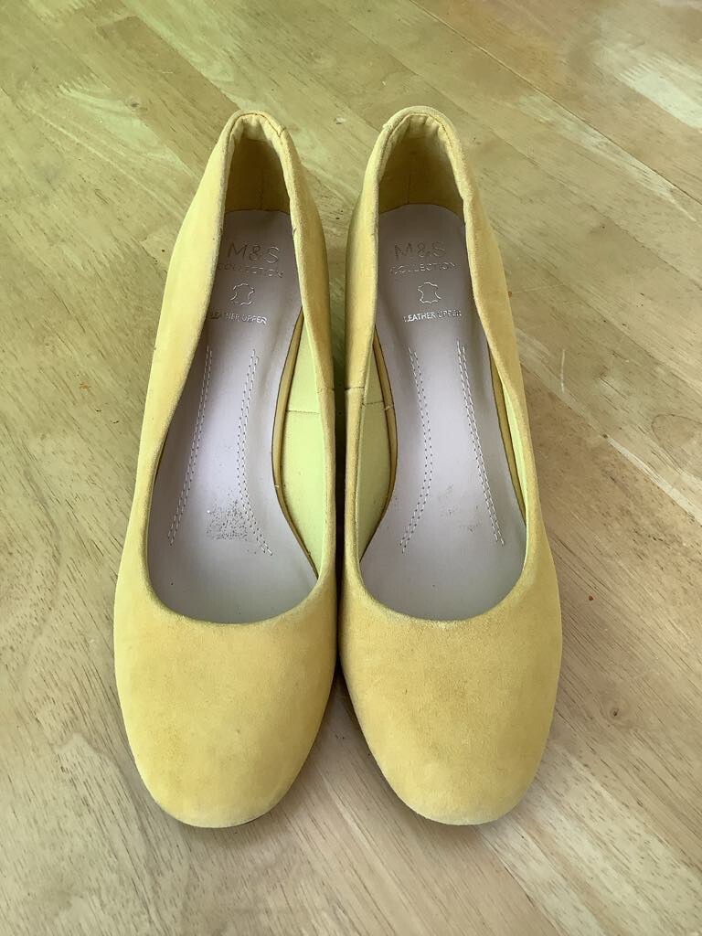 M&S Vibrant Insolia Lemon Real Leather Block Heel Court Shoes