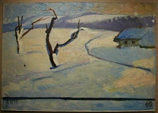 Ukrainian Soviet Oil Painting postimpressionism Landscape hut winter 