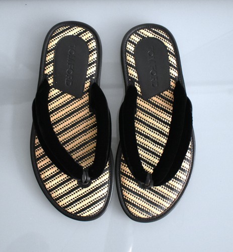 Chanclas Tom Ford de cuero y terciopelo negras y amarillas talla UK 8 hechas en Italia £795 - Imagen 2 de 8