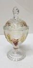 VTG JEANETTE GLASS GOLD & PURPLE GRAPES PEDESTAL CANDY COVERED COMPOTE 7 1/8"