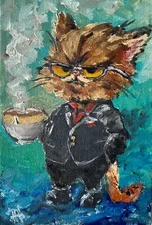 Cat With Coffee Painting Cat With Glasses Original Art Small Wall Art Animal Art