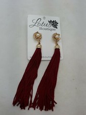 New Rhinstone Faux Pearl Rose Flower  Burgundy Tassels Long Dangle Earrings