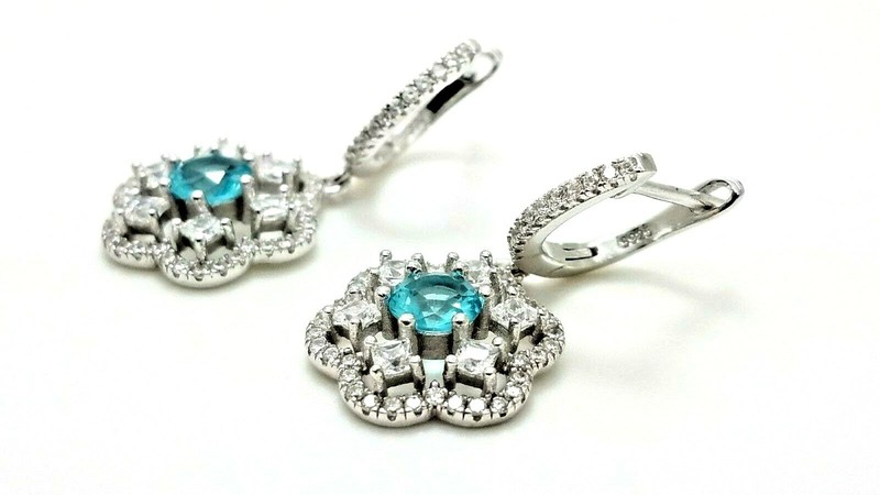 925 Sterling Silver Aquamarine Handmade Women's Earrings 1.25 IN