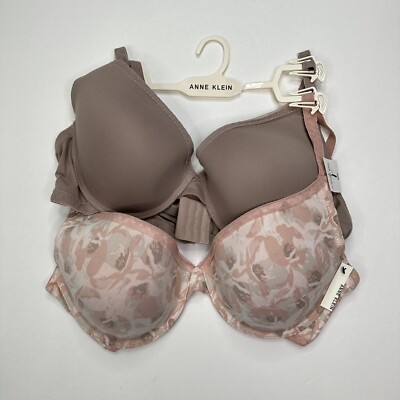 Anne Klein 2 Pk Solid & Floral w/ Lace Trim Underwire T Shirt Bras 42D