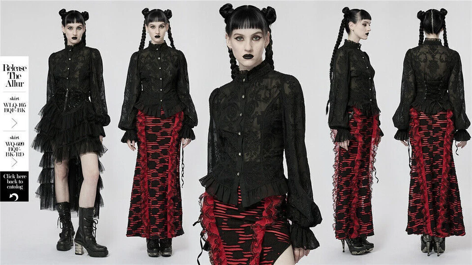 Blusa Punk Rave Mangas Acampanadas Volantes Cuello Soporte Gótico Gasa Bordada Foto 2 de 4