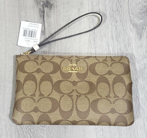Pulsera Coach para mujer con cremallera en esquina grande de lona de firma dorada/caqui/tiza - Imagen 3 de 4