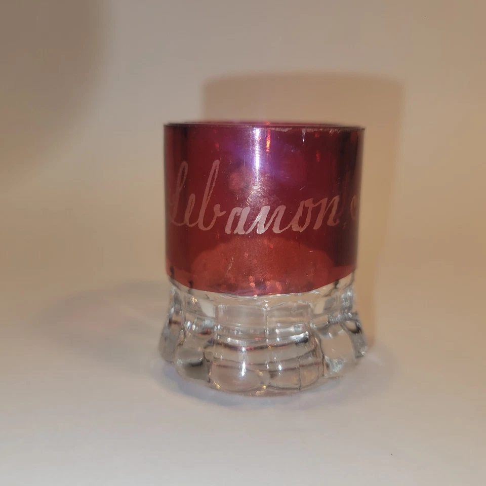 Antique EAPG Ruby Stain Souvenir Of Lebanon Indiana Miniature Glass Mug - Image 2 of 4
