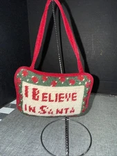 Christmas I Believe In Santa Wool Needlepoint Velvet Door Hanging Ornament 7x5”
