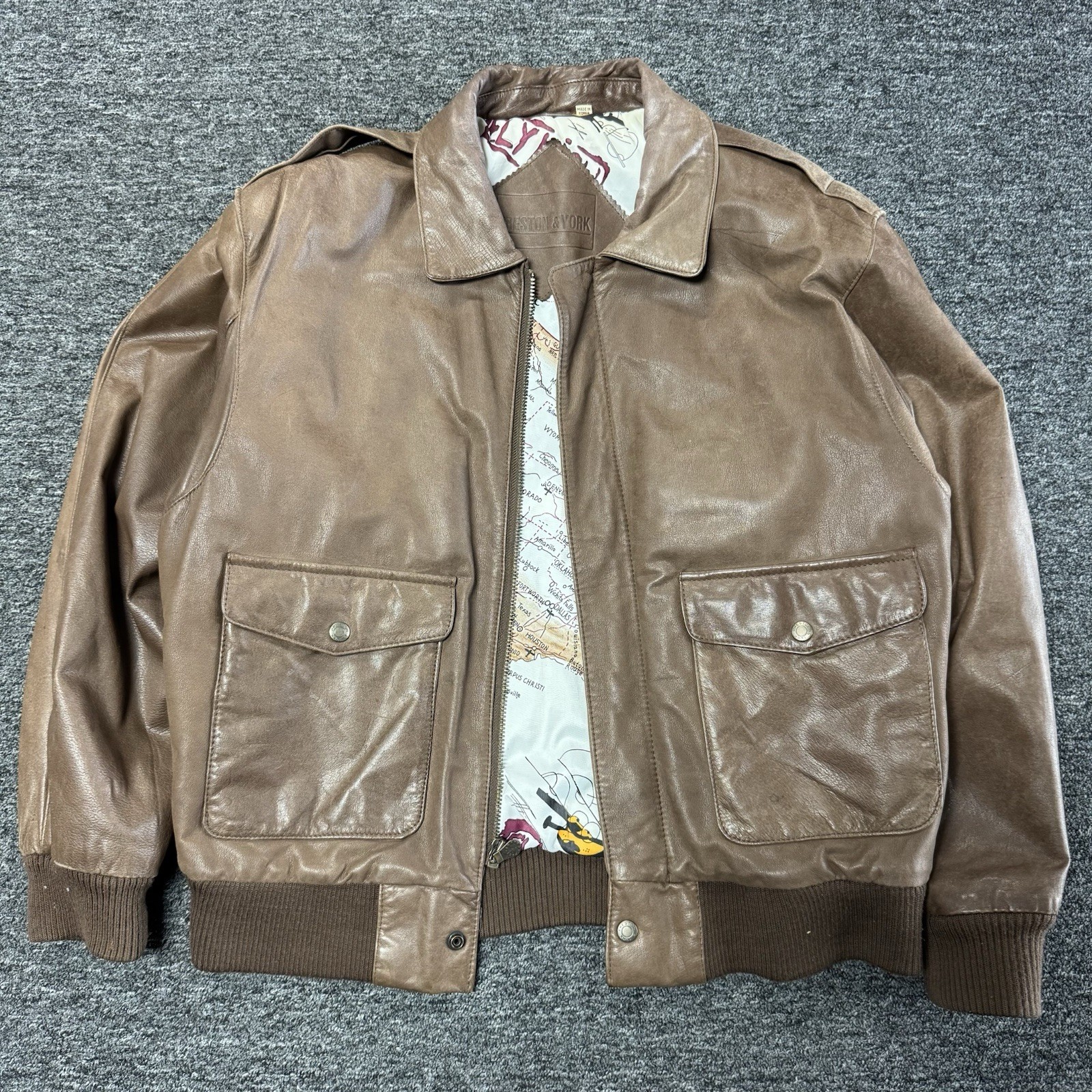 Mens Vintage Preston & York Brown Leather Pilot Map Lined Bomber Jacket Sz M