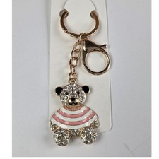 Mint Teddy Bear Keychain OS Gold White Pink NWT Rhinestone Enamel Striped Charm