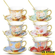 Vintage Floral Tea Cup Set of 6 W/ Saucers Spoons Perfect Special Occasions US