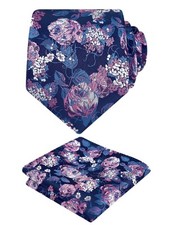 Men's 3.15 Inch Rose Flower Pattern Tie with Floral Printed Pocket Square