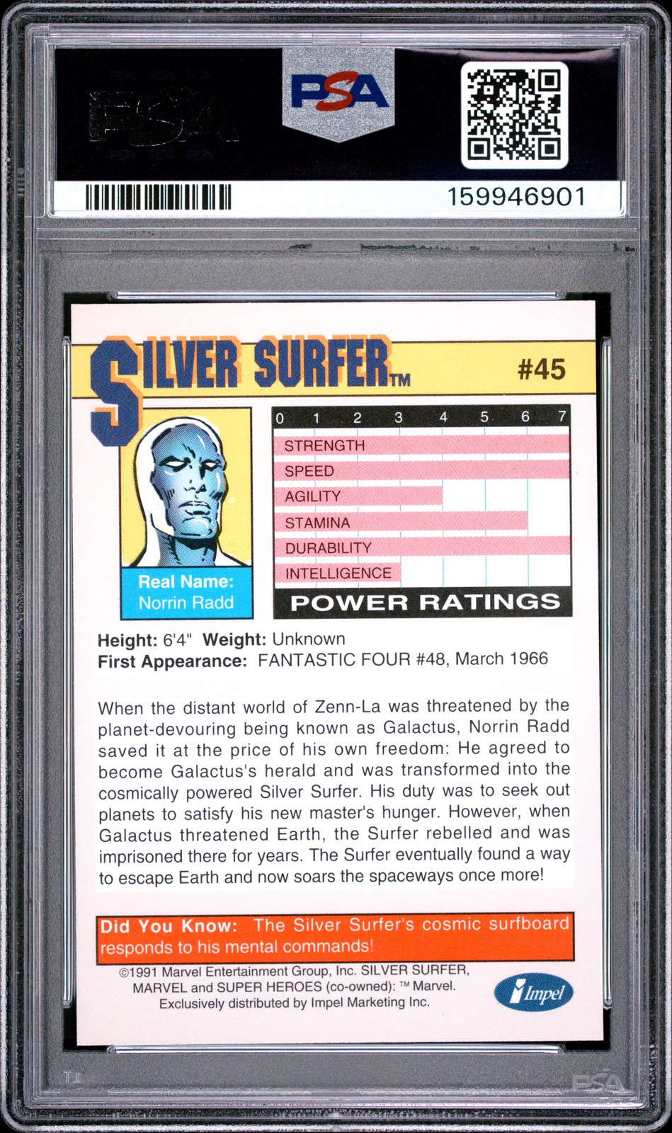 1991 MARVEL UNIVERSE #45 SILVER SURFER PSA 9 view 2