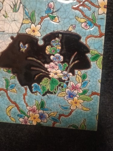 Ancien Carreau Émaux De Gien Faience XIXe Japonisme Fleurs Oiseau - Imagen 7 de 18