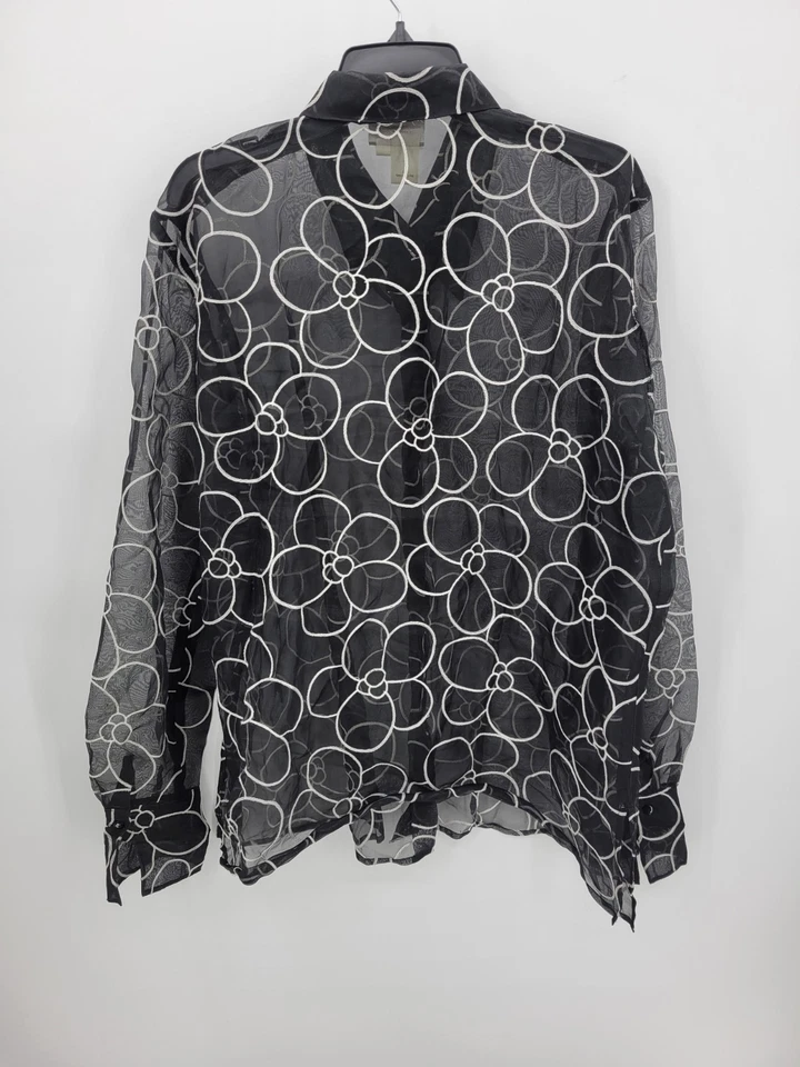 Coldwater Creek Top Womens Plus 2X Black White Geo Print Sheer Chiffon Silk - Image 2 of 4