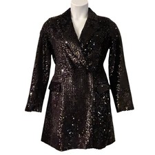 Nine West Black Velvet Sequined Double Breasted Coat Dress Size Medium NWT