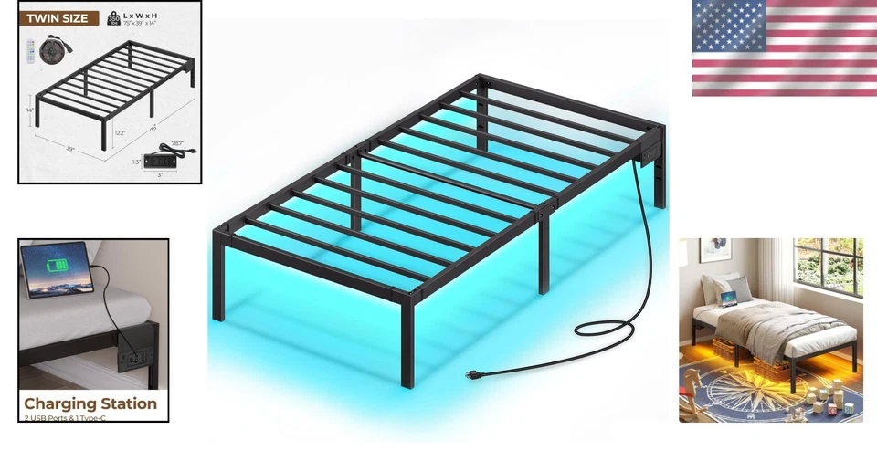 Marco de cama doble con estación de carga, listones metálicos Foto 2 de 4