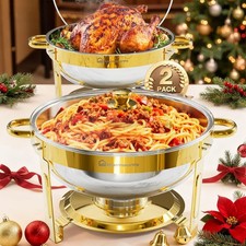 2 PACK Gold Chafing Dishes for Buffet 5QT Stainless Steel Round Chafers  Warmer