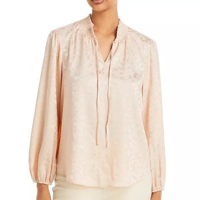 Chenault Smocked Tie Neck, Jacquard Women's Top - Vanilla, Long Sleeve - Large