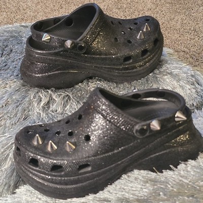 Crocs Classic Bae Glitter Studded Platform Clog Shoes Black Silver Womens Sz 8 