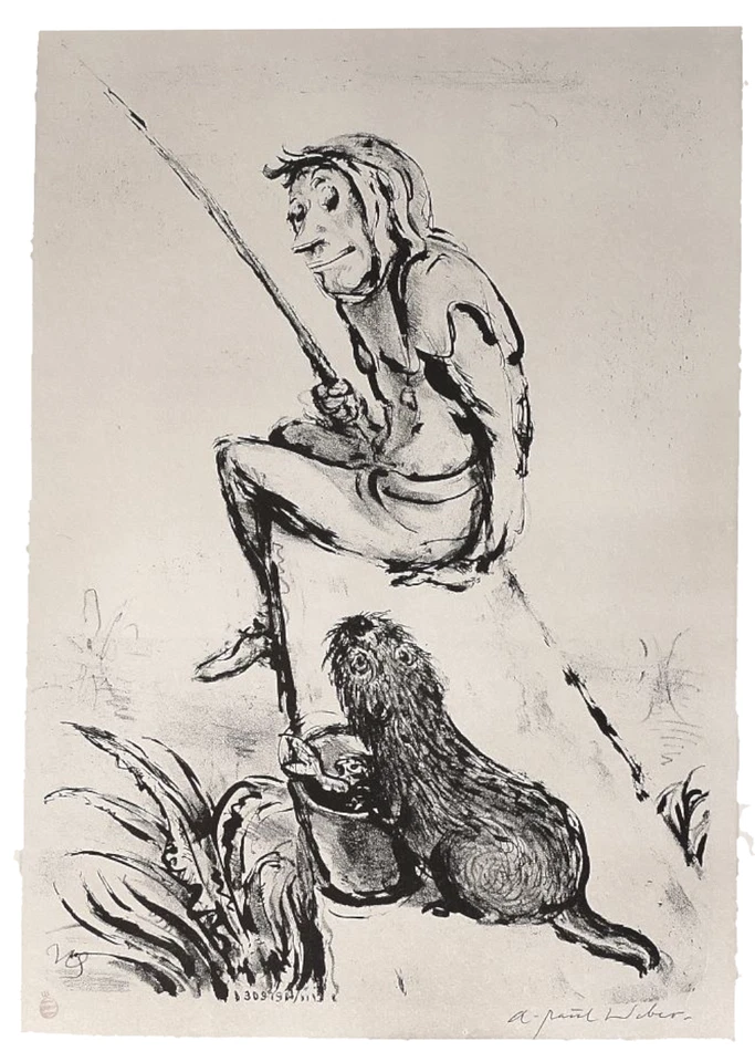 A. Paul Weber  " Meine Fische - Deine Fische " 1979  Orig.Lithografie gerahmt ! - Bild 3 von 4