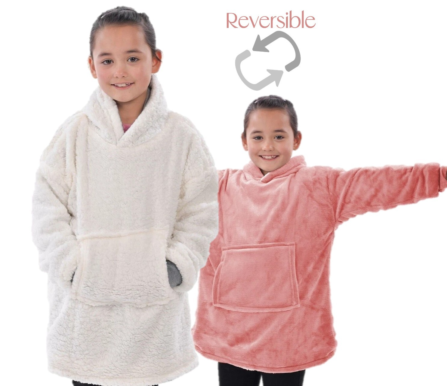 Girls Eskimo Pink Fleece Reversible Sherpa Lined Oversized Hoody Snuggle Top