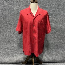 Tommy Bahama Shirt Mens XL Red Silk Hawaiian Palm Camp Button Front Tropical