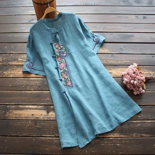 Retro Damen Stickerei Kleid Ethno Shirt Kurzarm Chinesischer Stil Hanfu Oberteil - Bild 10 von 10