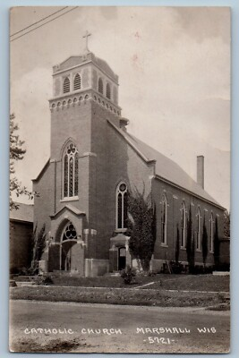 #ad Marshall Wisconsin WI Postcard RPPC Photo Catholic Church Dirt Road 1934 Vintage $19.47